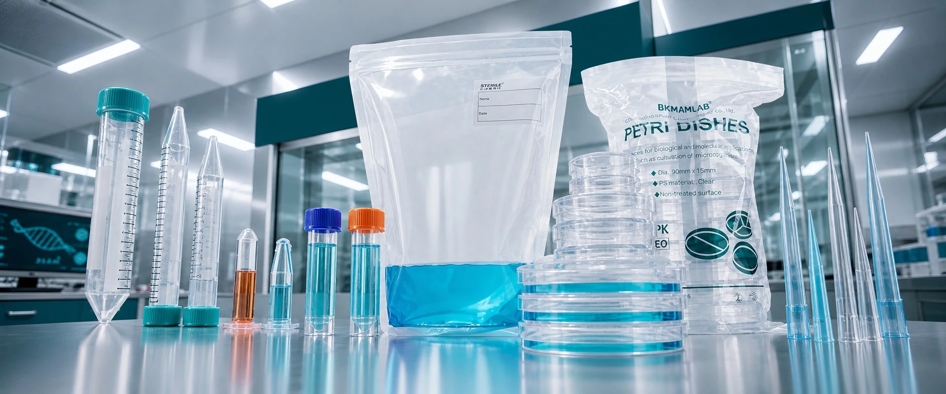 Laboratory consumables banner featuring petri dishes, centrifuge tubes, pipette tips, and a sterile sample bag filled with blue liquid on a modern lab bench.